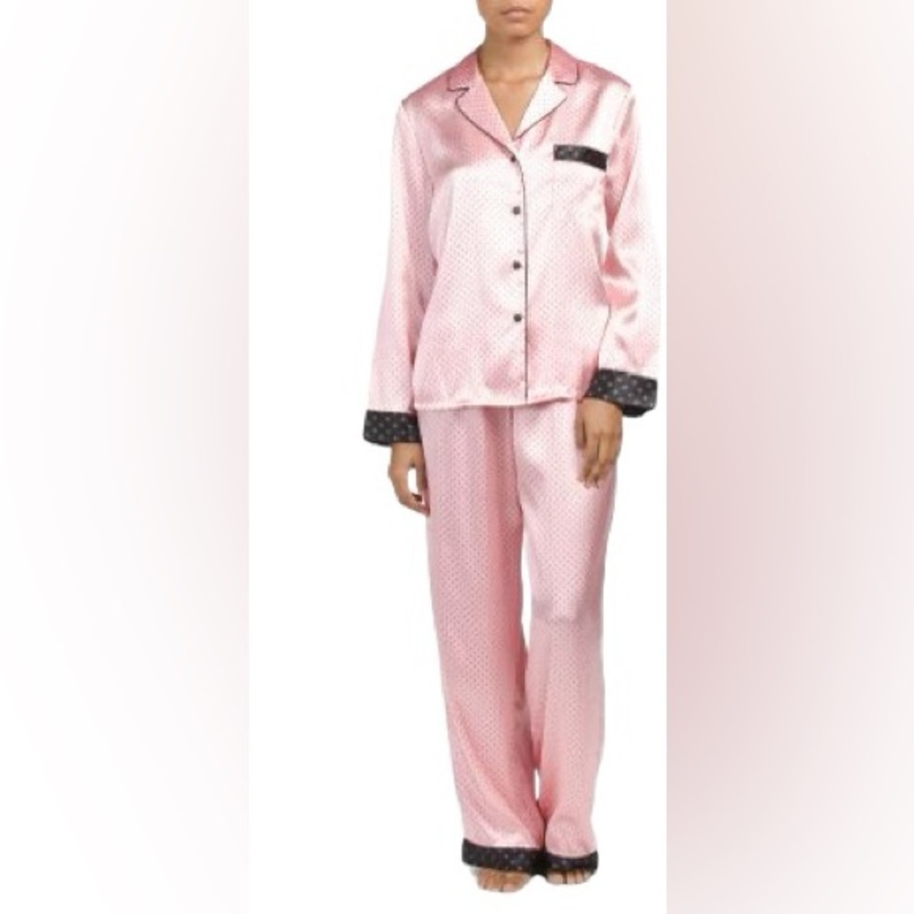 In Bloom by Jonquil Satin full 2 Pc Pajama Set Pink/black dots Sz XL